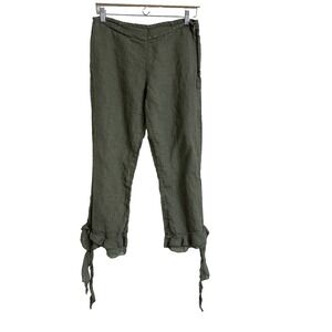 Womens Linen pants size Large Olive Green Side Zip Tie Boho Lagenlook Italy Made